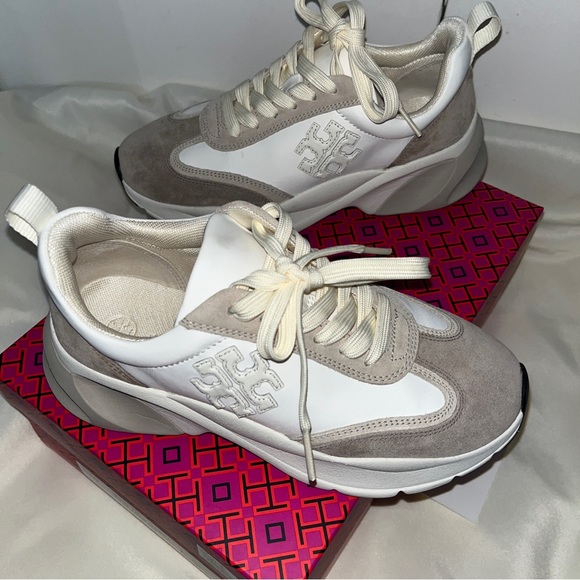 Tory Burch Leather and Suede Logo Sneakers - Picture 8 of 11